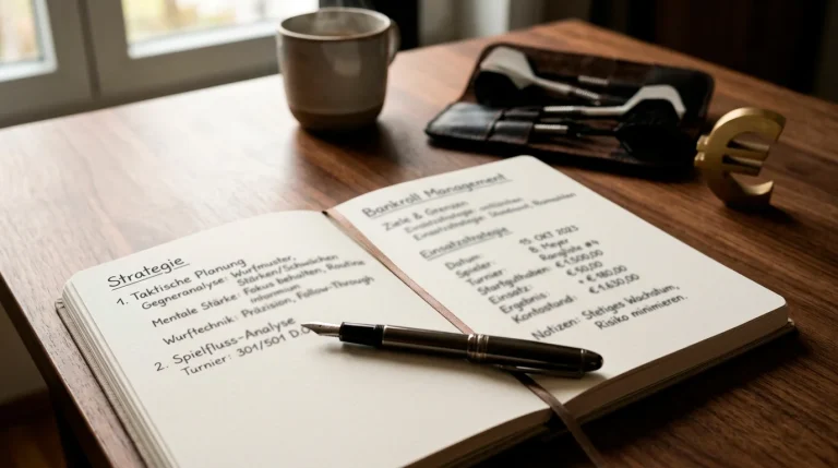 Notizbuch mit Wettplan und € Symbol neben Darts