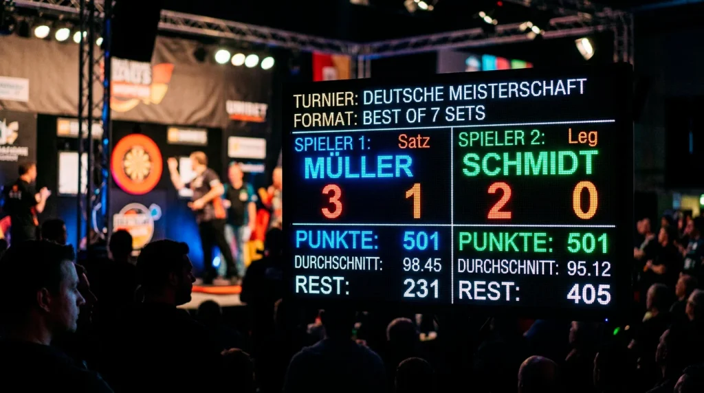 Darts-Anzeigetafel mit Sets und Legs bei der Weltmeisterschaft