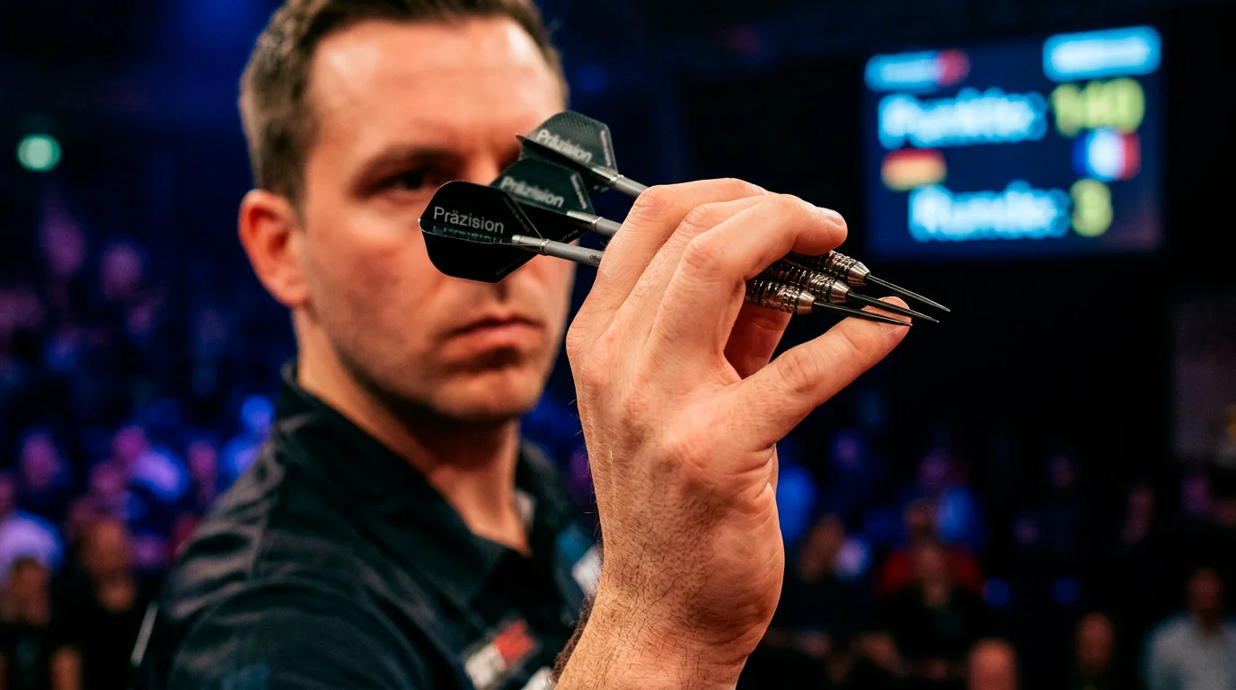 Professioneller Darts-Spieler bei konzentriertem Wurf