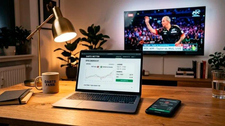 Laptop mit Sportwetten-Plattform und Darts-Spiel im Hintergrund