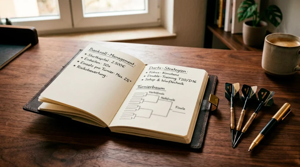 Darts Wetten Strategien — Notizbuch mit Stift und Dartpfeile auf einem Holztisch