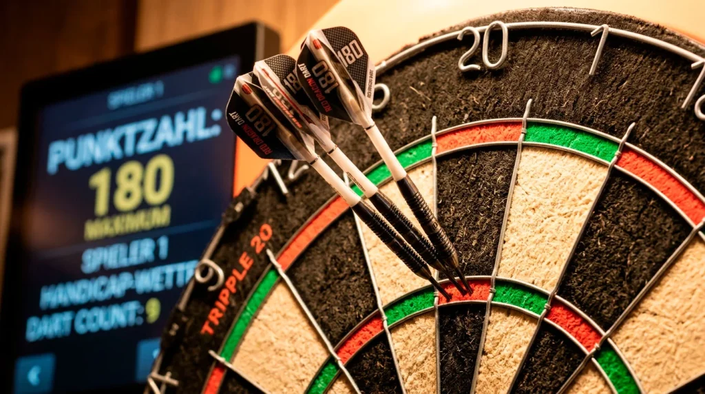Darts Wettmärkte — Nahaufnahme eines Dartboards mit drei Pfeilen in der Triple-20