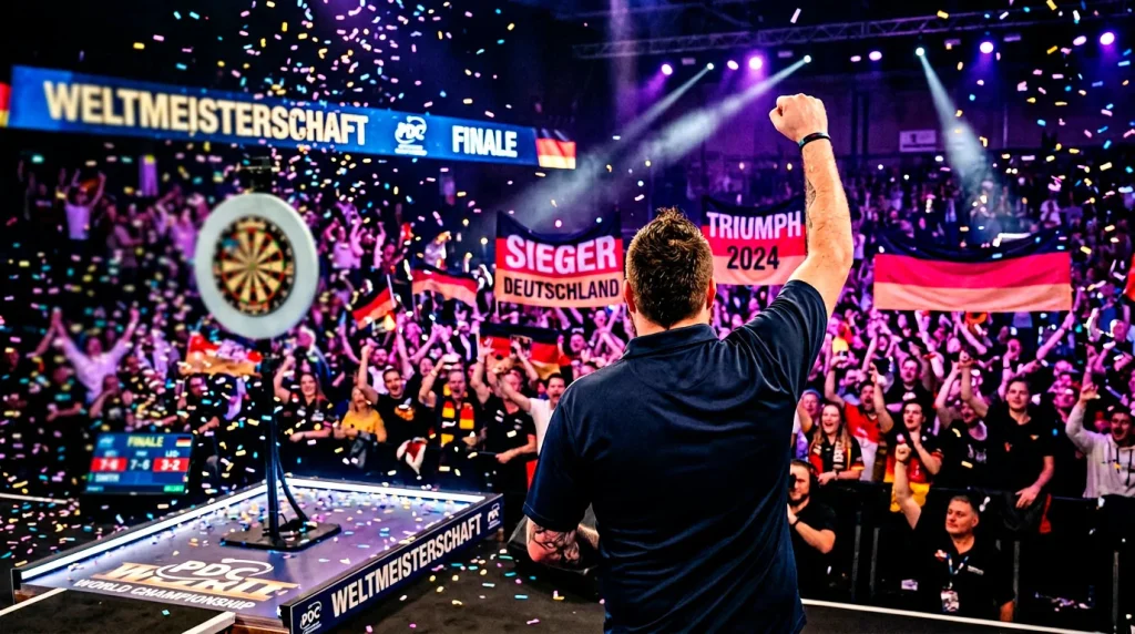 Darts WM Favoriten — Profispieler feiert Sieg mit erhobener Faust vor jubelndem Publikum