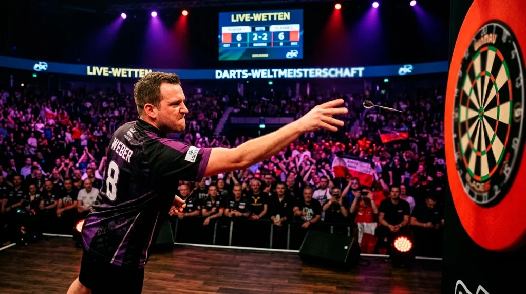 Darts WM Livewetten — Spieler wirft Pfeil auf Dartboard in spannender Match-Atmosphäre
