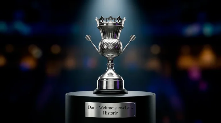 Historische Darts-Trophäe mit WM-Pokal im Rampenlicht