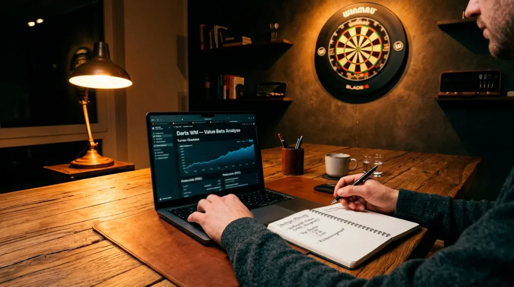 Darts WM Quoten — Person analysiert Wettquoten auf Laptop mit Dartboard im Hintergrund