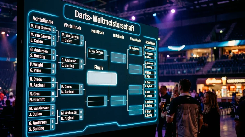 Turnierbaum-Tafel mit Bracket der Darts Weltmeisterschaft