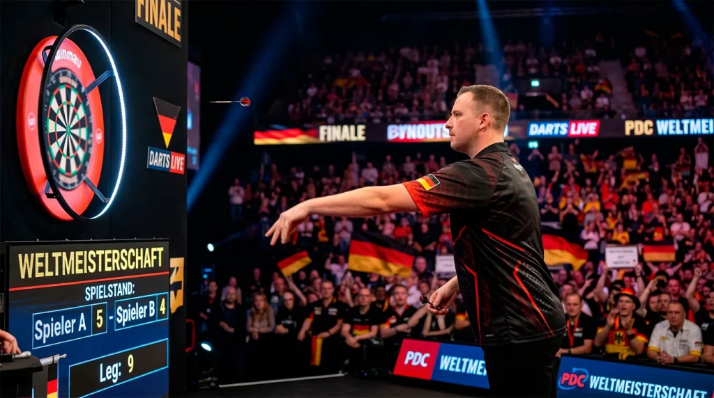 Deutscher Darts-Spieler mit Deutschland-Flagge am Oche