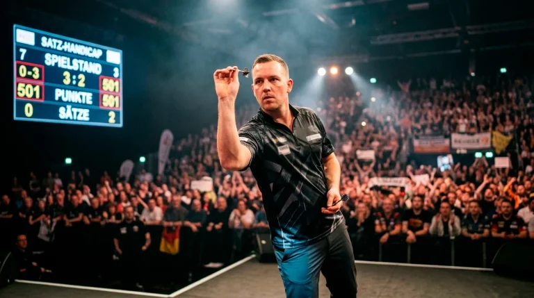 Darts-Spieler am Oche mit Anzeigetafel im Hintergrund