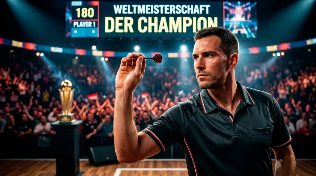 Darts-Weltmeister konzentriert am Oche mit Pokal im Hintergrund