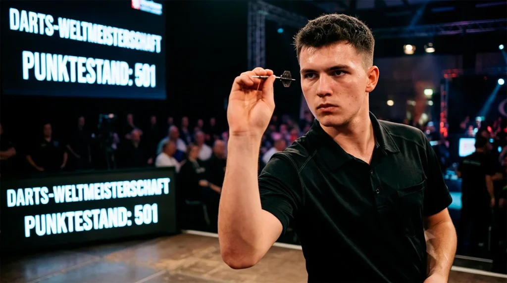 Junger Darts-Profi wirft konzentriert am Oche bei einem Major-Turnier