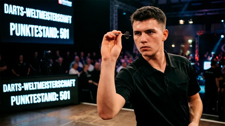 Junger Darts-Profi wirft konzentriert am Oche bei einem Major-Turnier