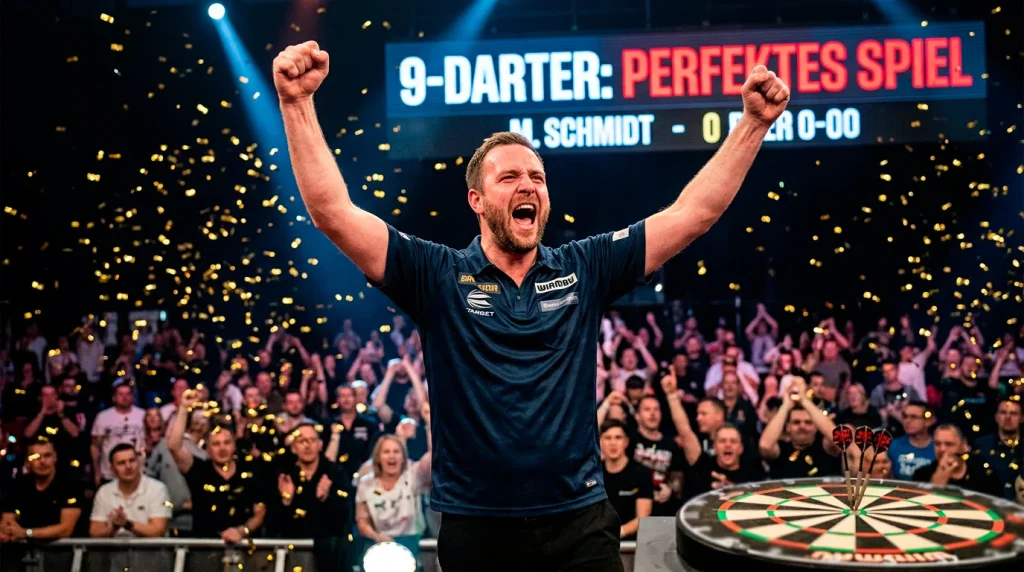Darts-Spieler feiert einen 9-Darter am Oche