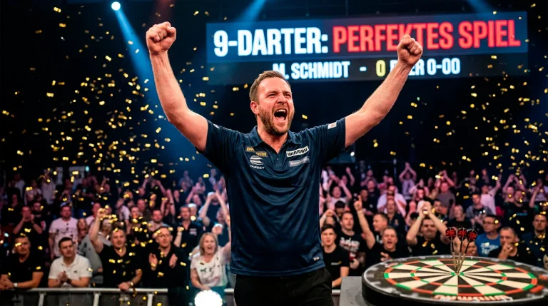 Darts-Spieler feiert einen 9-Darter am Oche
