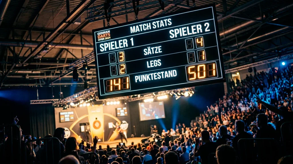 Darts-Anzeigetafel mit Spielstand und Statistiken