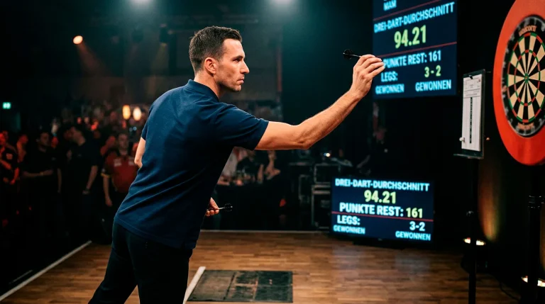 Darts-Spieler am Oche mit Three-Dart-Average Statistik-Einblendung
